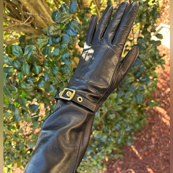 Coach Black Leather Gloves with Gold Buckle - Picture 7 of 9